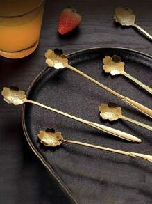 4pcs Stainless Steel Long-Handled Mixing Spoon, Small Spoon, Coffee Spoon, Extended Creative Ice Spoon, Sweetness Honey Petal Spoon,Kitchen,Christmas Gift,School Supplies - Gold - View 9