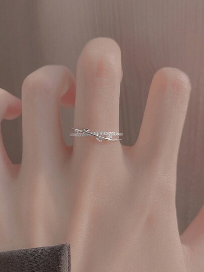 1pc Luxurious & Versatile Leaf & Twig Design Open Ring With Inlaid Rhinestone