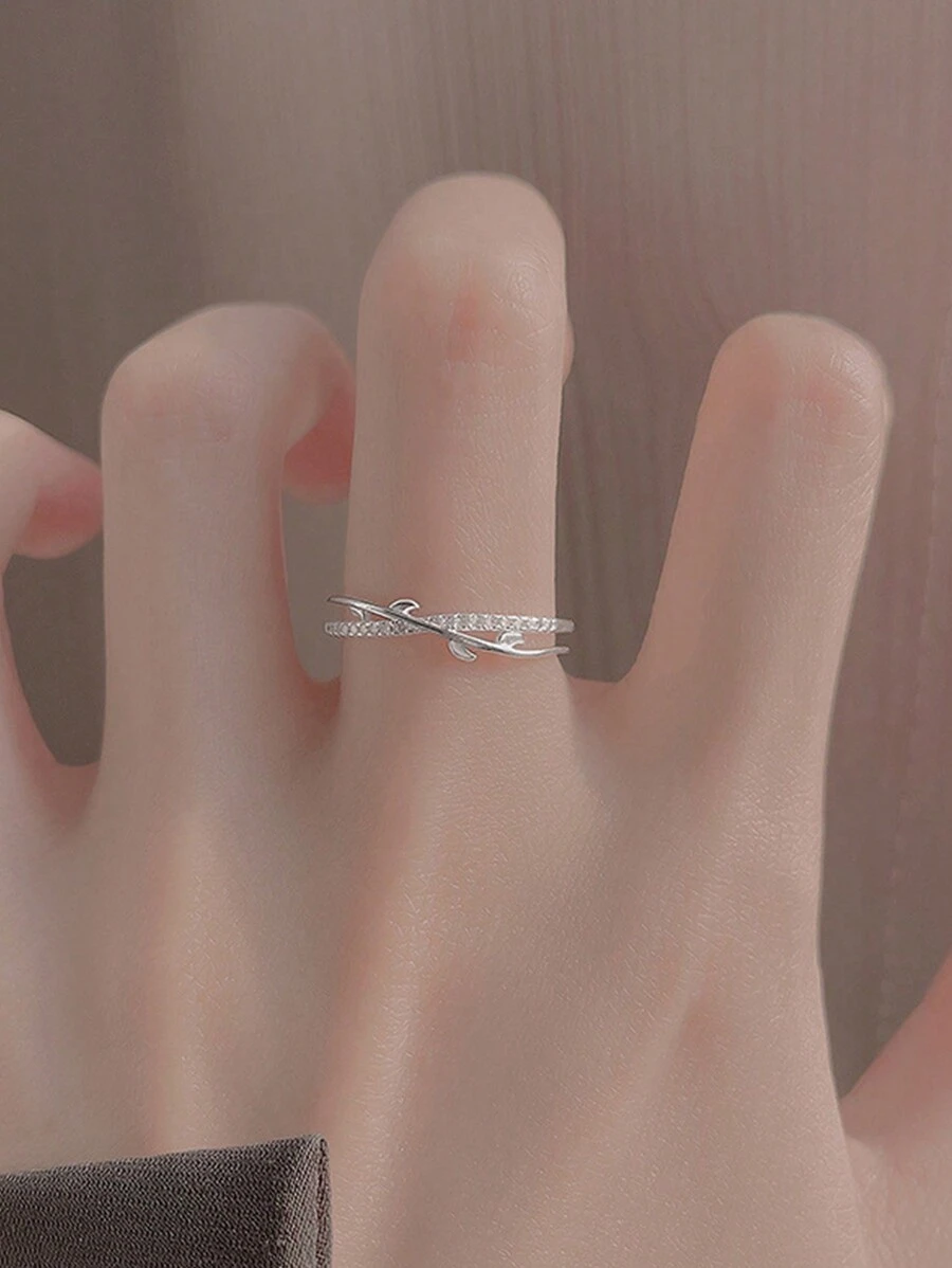 1個奢華多功能葉子和樹枝設計開口戒指,鑲嵌鑽石 - 復古銀色 - 查看 1