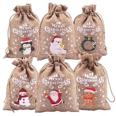 10 件装圣诞礼物黄麻袋，带节日印花的抽绳袋，用于节日装饰，随机图案，圣诞节