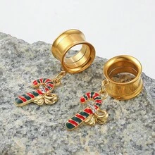 2 Miếng Giáng sinh Thép không gỉ Kẹo Cây mía Người tuyết Cây thông noel Tai phích cắm Đường hầm Mở rộng Đồ trang sức Xuyên Hoa tai Đồng hồ đo - Kẹo Mía - Xem 6