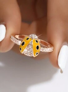 1個時尚個性化銅和鋯石鑲嵌七星瓢蟲橘黑油墜調節戒指,適合女性日常穿著、派對或節日