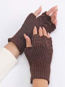 1双女士短款咖啡色鱼鳞纹针织手套，保暖半指露指手套，夏季保暖袖套 - 咖啡棕 - 查看 1