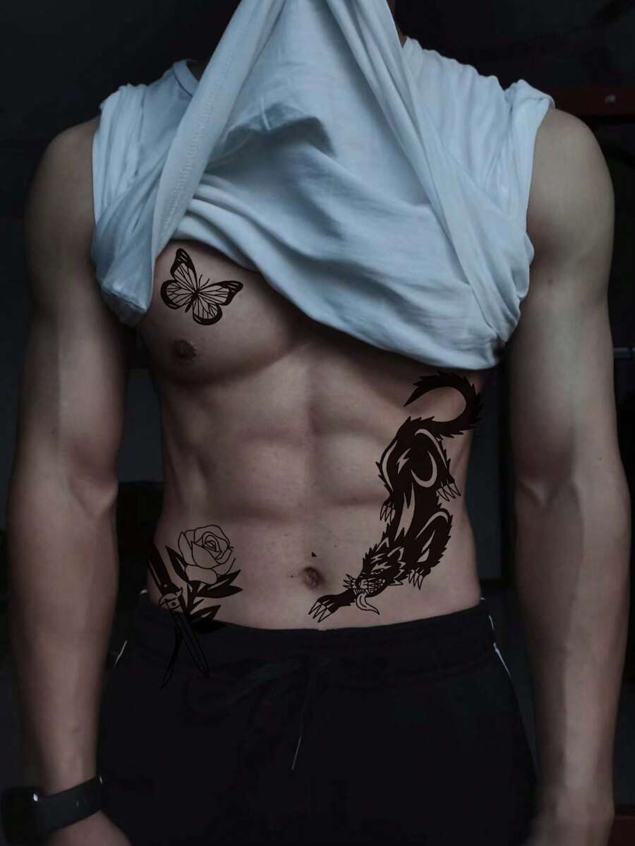 蝴蝶、玫瑰和刀子暫時性假紋身,性感豹紋,男女通用腹部紋身(1入組) - 黑色 - 查看 1
