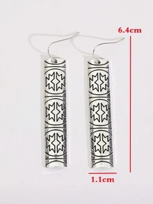 1pair Vintage Carved Pattern Long Bar Shape Earrings - Antique Silver - View 4