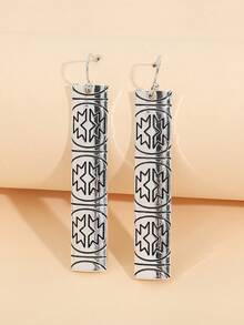1pair Vintage Carved Pattern Long Bar Shape Earrings - Antique Silver - View 1
