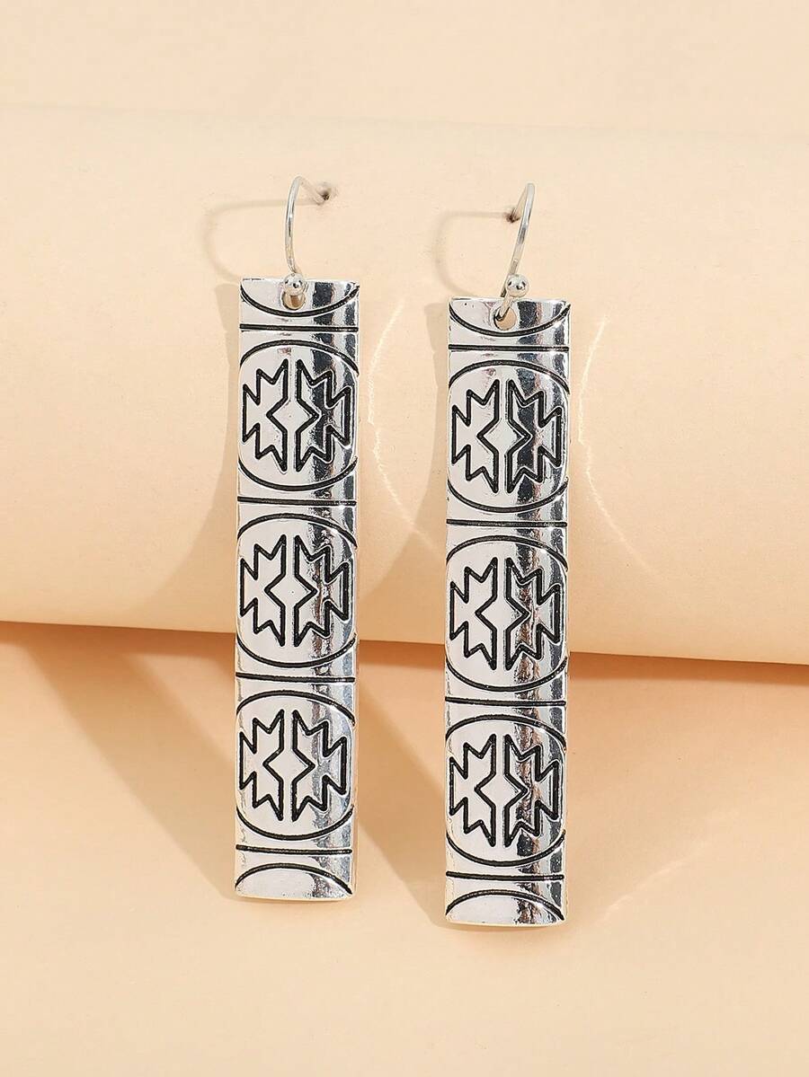1pair Vintage Carved Pattern Long Bar Shape Earrings - Antique Silver - View 1