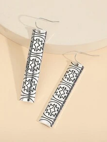 1pair Vintage Carved Pattern Long Bar Shape Earrings - Antique Silver - View 2