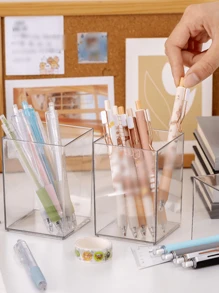 1個透明方形筆筒,簡約現代diy筆筒儲物盒,大容量透明有機膠筆筒,辦公桌面文具收納盒,學生化妝刷塑料收納盒 - 無色 - 查看 1