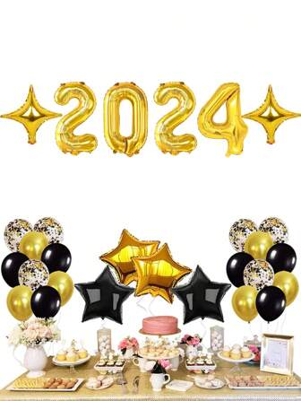 28入組黑金新年派對裝飾氣球,2024新年快樂裝飾