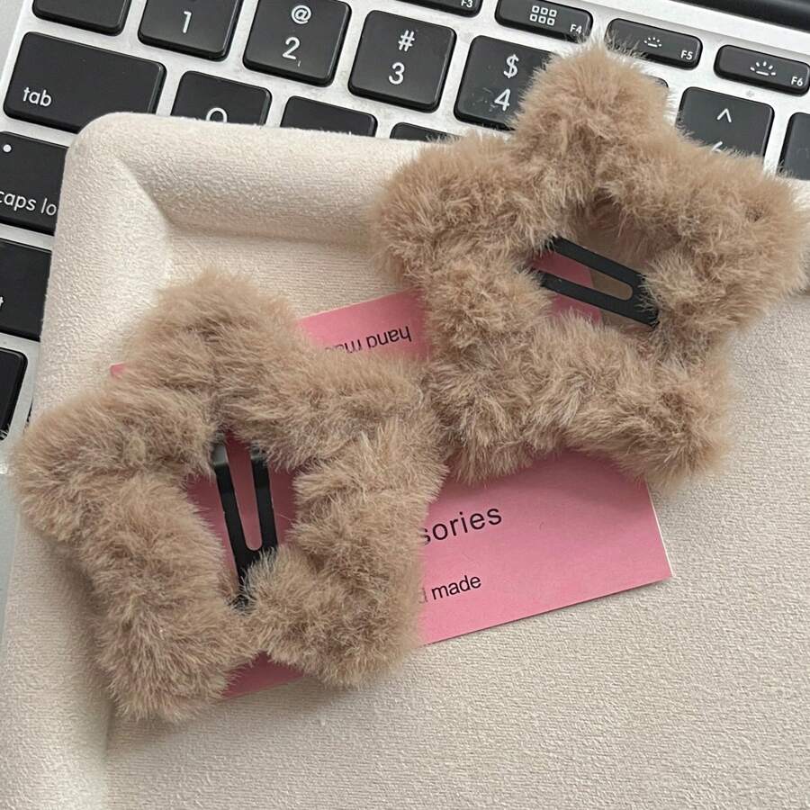 2 Piezas/set Clips De Pelo En Forma De Estrella Peludos, Clips De Bb De Color Café, Accesorios Lindos De Clip De Pelusa De Invierno Para Cabello - Café - Ver 1