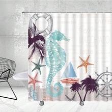 1入海洋風景淋浴簾,帆船、海星、海馬、椰子樹浴室淋浴裝飾配鉤子