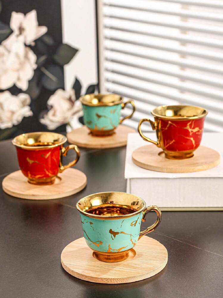Set Di 4 Tazze Da Cappuccino Hasense Con Piattino: Ceramica A Costine, Colorate, 170 Ml