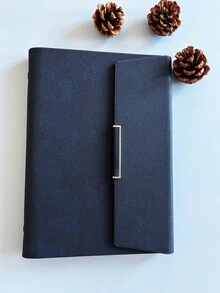 1pc A5 Loose-leaf Notebook With Magnetic Buckle Closure, Simple & Vintage Design, High-end Business Notebook In Navy Blue With Metallic Clasp - Navy Blue - View 2