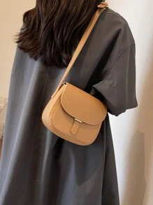 Mini Fashion Saddle Bag With Simple Flap Design, Adjustable Shoulder Strap, Multipurpose Crossbody Shoulder Bag - Khaki - View 2