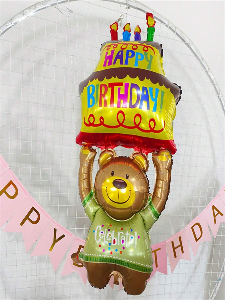 蛋糕熊形狀氣球、鋁箔三層蛋糕氣球、彩色蠟燭蛋糕氣球、卡通嬰兒/兒童 1 歲生日派對場景裝飾 - 棕色 - 查看 1