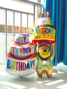 蛋糕熊形狀氣球、鋁箔三層蛋糕氣球、彩色蠟燭蛋糕氣球、卡通嬰兒/兒童 1 歲生日派對場景裝飾 - 棕色 - 查看 3