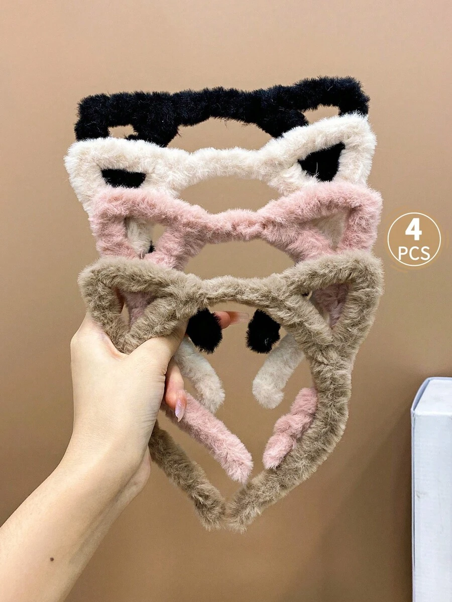 4入組彩色毛絨貓耳甜美頭帶,適用於女孩 - 彩色 - 查看 1
