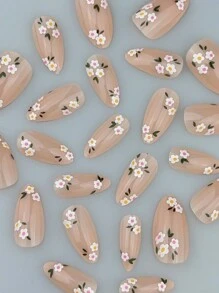 提升您的外观。24 件中长尖头指甲，清新干净的春季指甲套，适合女士和女孩，按压指甲，美丽的花朵假指甲，美甲用品