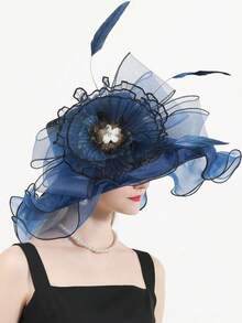 HIMESPORT 深藍色organza女士襯托帽,適用於女士茶會或德比頂部遮陽帽,帽子上有網眼花朵裝飾