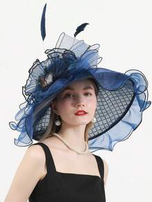 HIMESPORT 深藍色organza女士襯托帽,適用於女士茶會或德比頂部遮陽帽,帽子上有網眼花朵裝飾