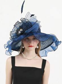 HIMESPORT 深藍色organza女士襯托帽,適用於女士茶會或德比頂部遮陽帽,帽子上有網眼花朵裝飾