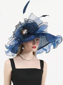 HIMESPORT 深藍色organza女士襯托帽,適用於女士茶會或德比頂部遮陽帽,帽子上有網眼花朵裝飾
