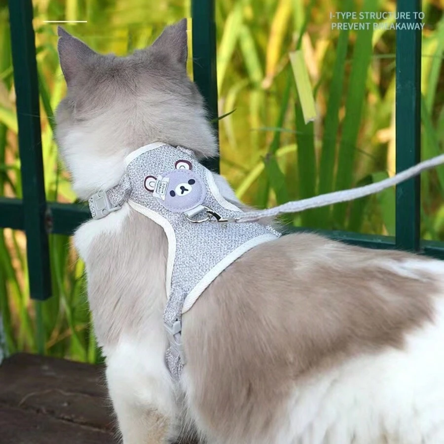 1pc Cute Bear Pet Leash & Harness Set Chest Back Strap Breathable Vest Anti-escape Traction Rope Adjustable Collar Suitable For Small And Medium Cats, Dogs And Rabbits 120cm - Blue - View 1