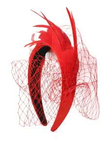 HIMESPORT 紅色婚禮新娘羽毛頭飾帶面紗頭帶優雅髮飾小禮帽