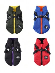 寵物狗冬季夾克外套,拉鍊閉合胸部和背部帶小狗服裝 - 紅色 - 查看 2