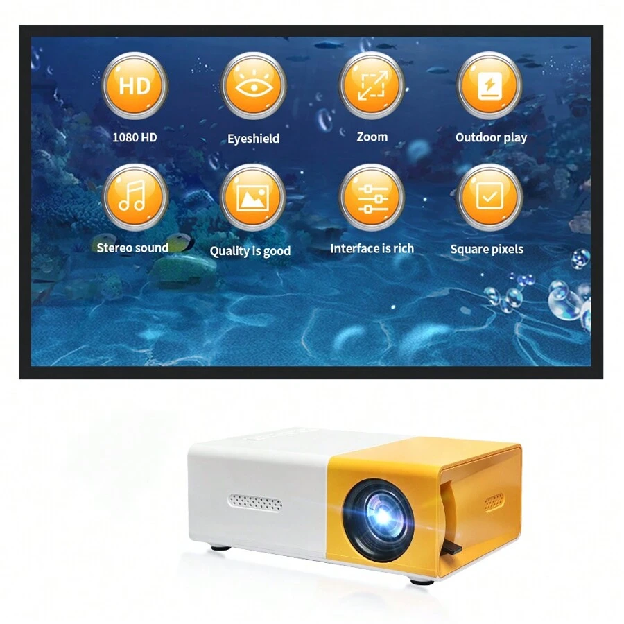Mini Projector Portable 1080P LED Projector Home Theater Indoor, Outdoor Movie Projector Support For Laptops, HDMI-Compatible Input Great Gift Pocket Projector, Black And White - yellow white - View 1