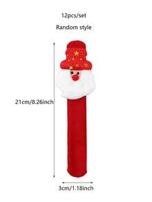 12入組聖誕毛絨拍拍手鐲,採用卡通聖誕老人、雪人、馴鹿和熊設計,適用於聖誕派對
