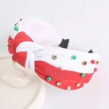 1 件時尚聖誕頭帶,附布、珠子、水鑽、紅色和綠色配色方案