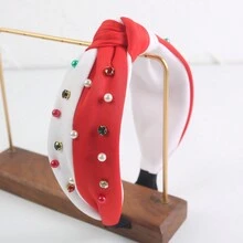 1 件時尚聖誕頭帶,附布、珠子、水鑽、紅色和綠色配色方案