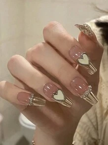 24 件长款棺材金色法式和 3D 心形链条设计全覆盖假指甲套装，包含 1 件果冻胶和 1 件指甲锉，适合女士和女孩日常佩戴，让您魅力四射 - 彩色 - 查看 1