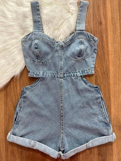 Macaquinho Denim Macacão corte de cintura Feminina Festa junina