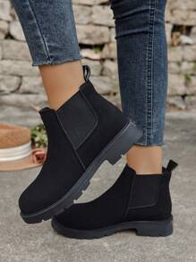 女式黑色啞光絨面增厚內襯圓頭彈性口袋車縫靴,厚底,適合街頭,遊戲,戶外運動,秋冬季節 - 黑色 - 查看 3