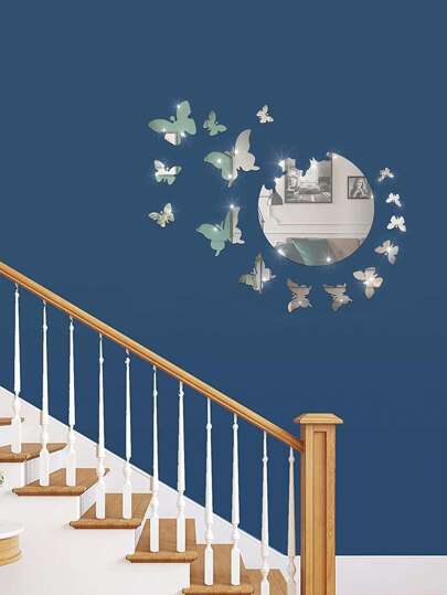 16pcs Butterfly Shaped Mirrored Wall Stickers, Simple Home Decoration Room Background Acrylic Mirror Paste Best Gifts Birthday Graduation Back To School Room Decor School Supplies