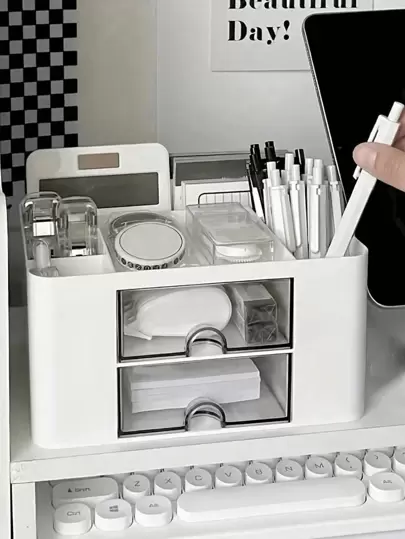 1 Pc Stationery Storage Box, Student Dorm Desk Ins Style Pen Holder Drawer Organizer Box, Tape Dispenser Rack