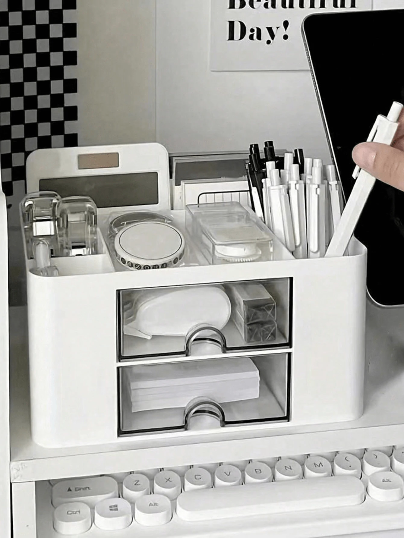 1 Pc Stationery Storage Box, Student Dorm Desk Ins Style Pen Holder Drawer Organizer Box, Tape Dispenser Rack - White - View 1