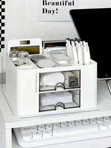 1 hộp đựng đồ dùng văn phòng phẩm, hộp đựng bút kiểu dáng Ins cho bàn ký túc xá sinh viên, hộp đựng băng dính - trắng - Xem 2