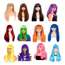 Lecute Peluca Lacia Larga Economica Cosplay Disfraz Fiesta Sintetica Pelucas Colores Antro Carnaval Batucada - Café integral - Ver 2