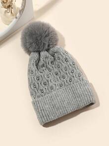 1pc Handmade Gray Pearl Beanie Hat - Grey - View 2