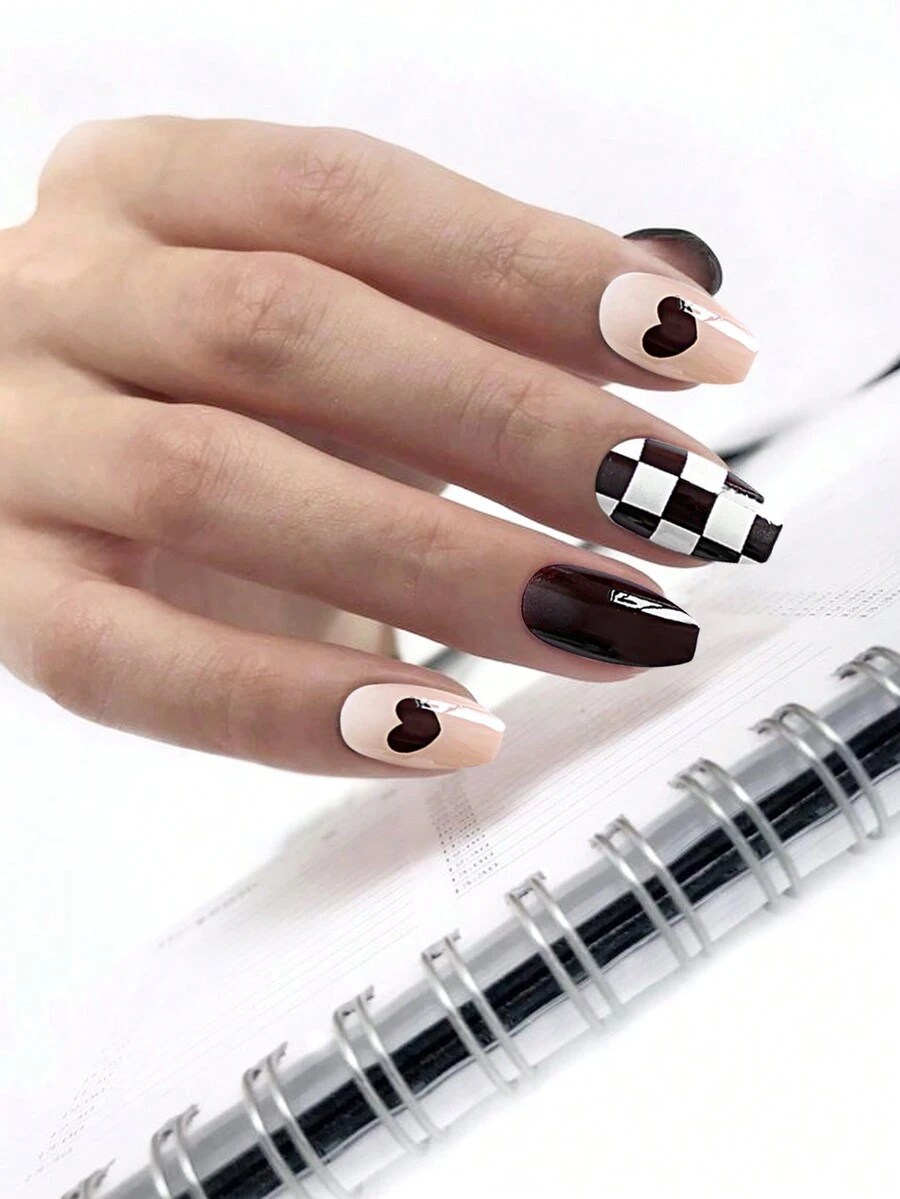 24/48/72/96pcs Square Geometric & Heart Shaped Coffin Short False Nails - Multicolor - View 1