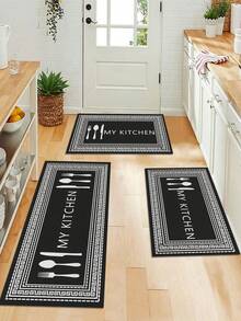 1pc Black And White Tableware Letter Printed Kitchen Mat, Simple Modern Style Polyester Fiber Suitable For Home Kitchen Use - Multicolor - View 1