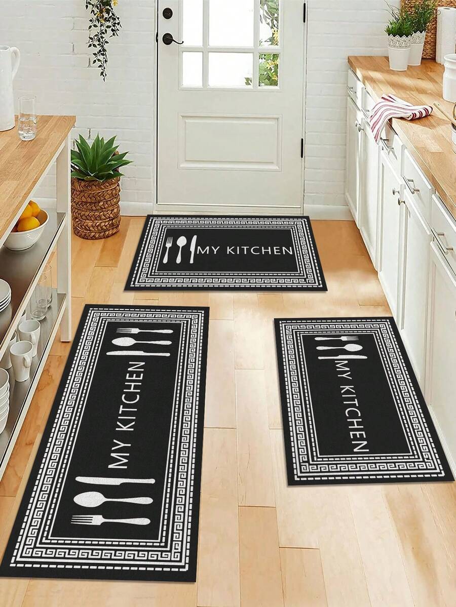 1pc Black And White Tableware Letter Printed Kitchen Mat, Simple Modern Style Polyester Fiber Suitable For Home Kitchen Use - Multicolor - View 1