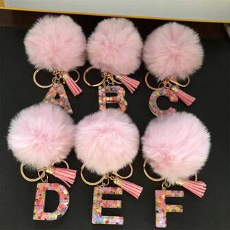 Cute 1pc Women's Uppercase Letter Keychain With Pink Ball, Tassel, Glittered Heart Pendant, Perfect As Bff Gifts Car Accessories Bag Charm School Goth Y2k