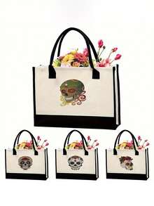 女款骷髏印花帆布手提包，時尚單肩包，適合雜貨、水果、飲料、零食、餐盒、化妝品、杯子、電話、個人物品等。
