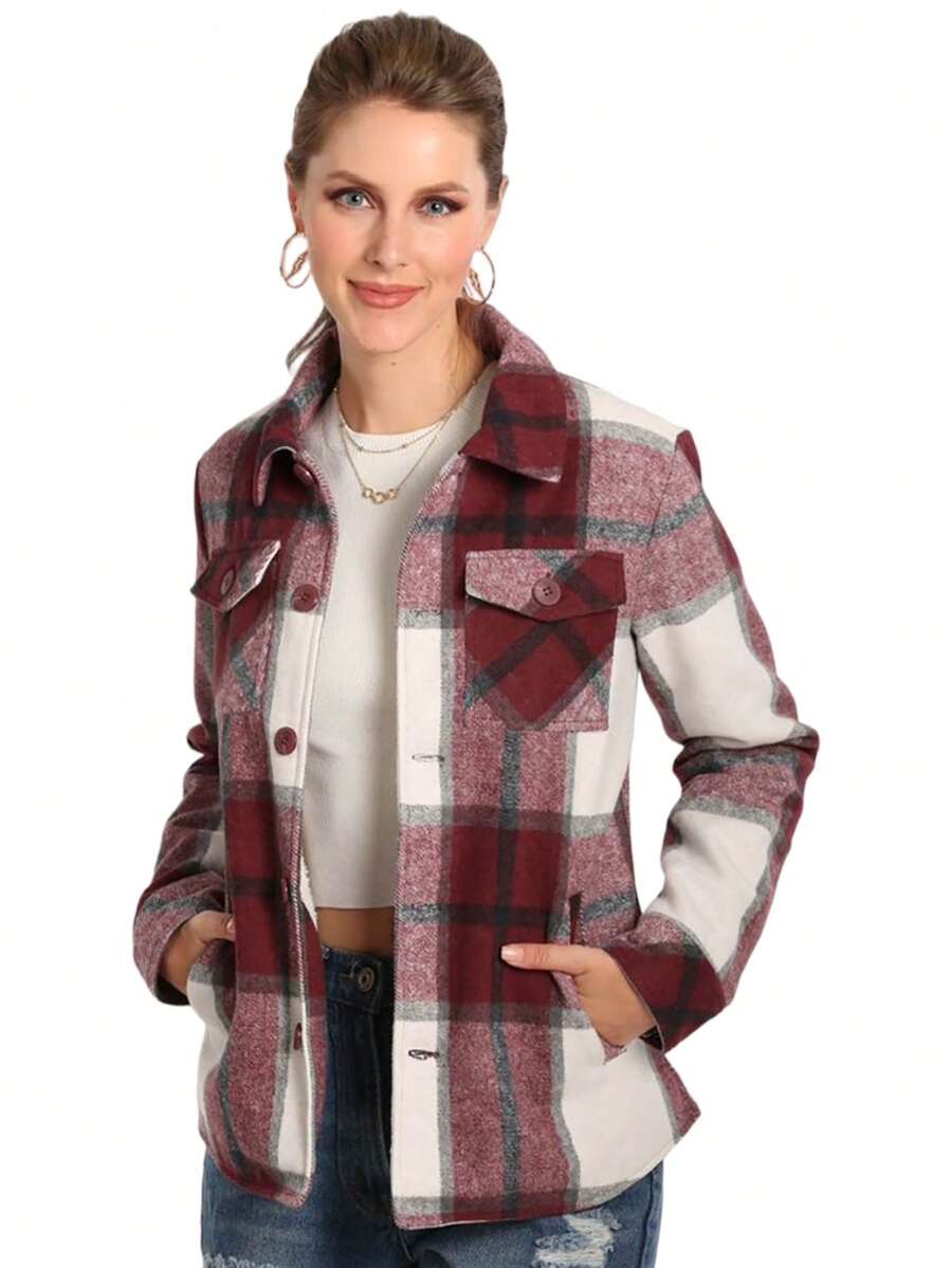 Chamarra Chaqueta De Cuadros Moda Para Dama - Burdeos - Ver 1