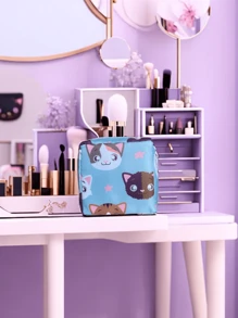 女士小化妝包，時尚可愛貓咪設計方形戶外收納化妝包，化妝品收納盒 - 淺藍色 - 查看 1